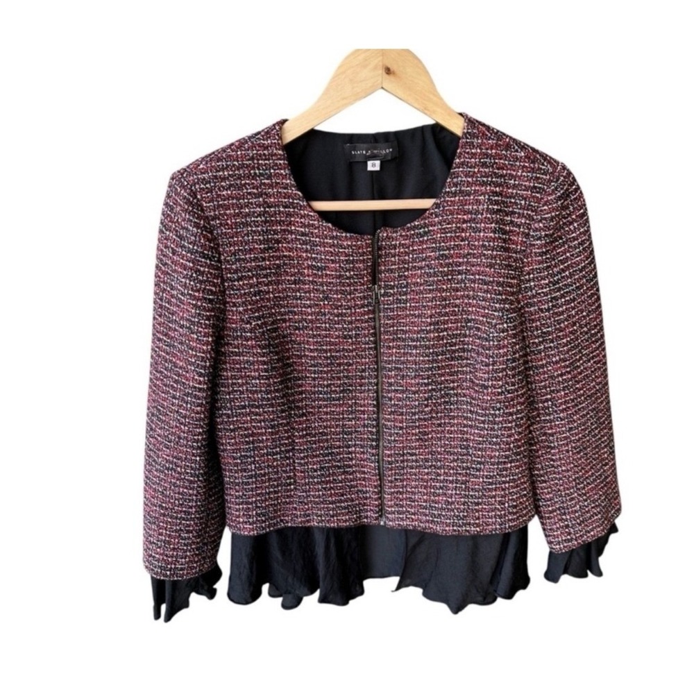 Slate & Willow Blazer Jacket Tweed Zip Front Peplum Jacket Burgundy Black Size 8